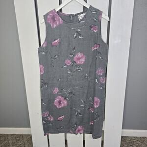 Dressing Clio VTG Floral‎ Linen Knee Grey Pink Dress Size M Minimalist Preppy